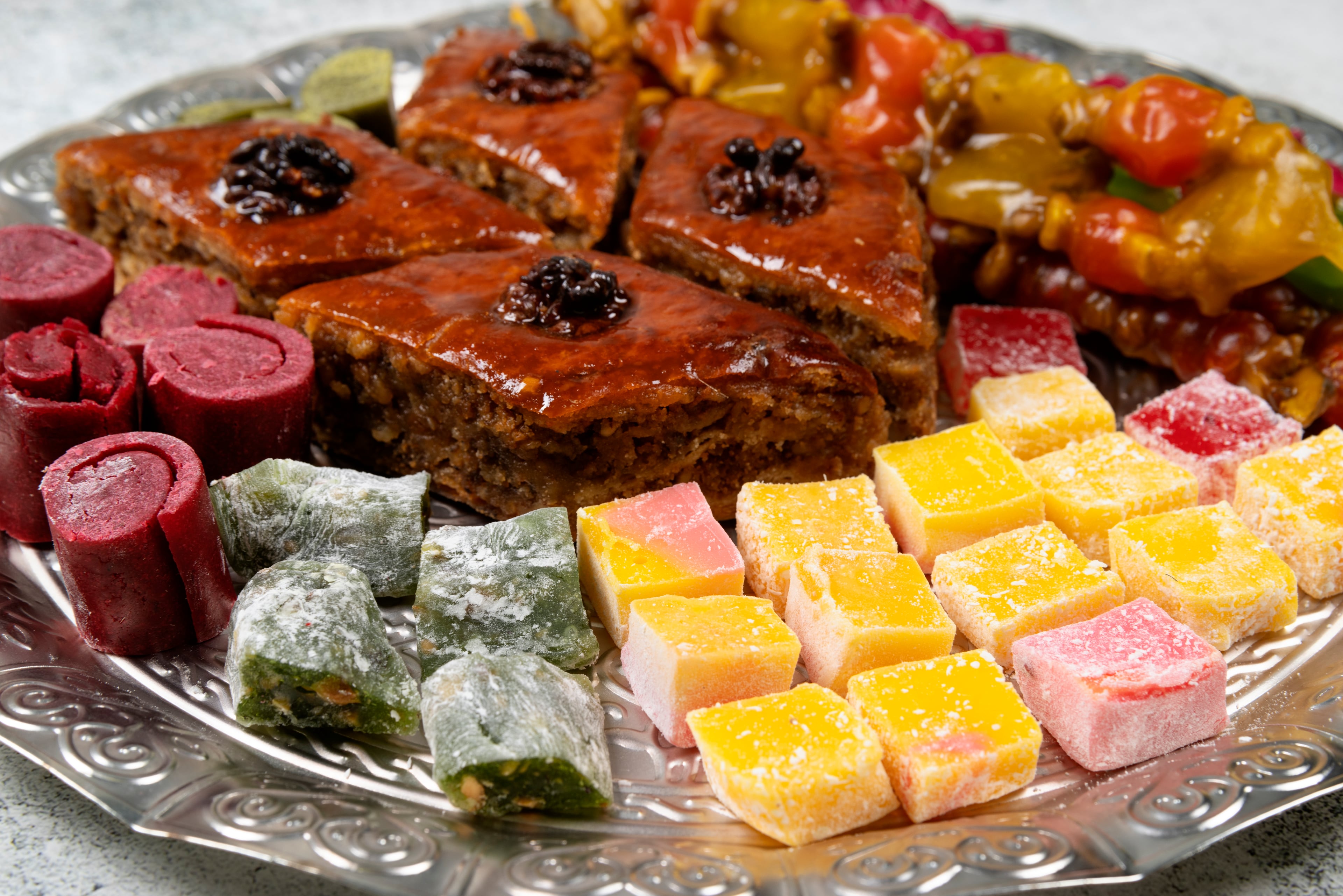 High angle view of delicious sweets plate